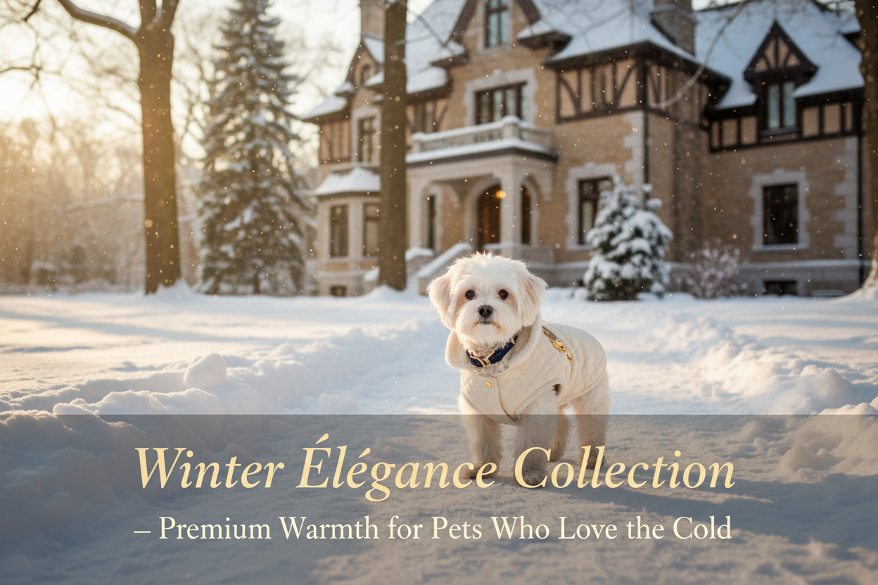 “A sophisticated winter lifestyle banner featuring a small dog wearing a luxury Paw Élégance waterproof coat in a snowy park, soft morning sunlight, elegant French-Canadian home in the background, warm beige and gold color tones, luxury winter aesthetic, subtle snowflakes, text overlay ‘Winter Élégance Collection – Premium Warmth for Pets Who Love the Cold.’”
💡 Tone & Style Notes:
Background: outdoor snow scene, soft sunlight
Accent: warm tones (cream, champagne gold, navy blue)
Focus: serene luxury, comfo