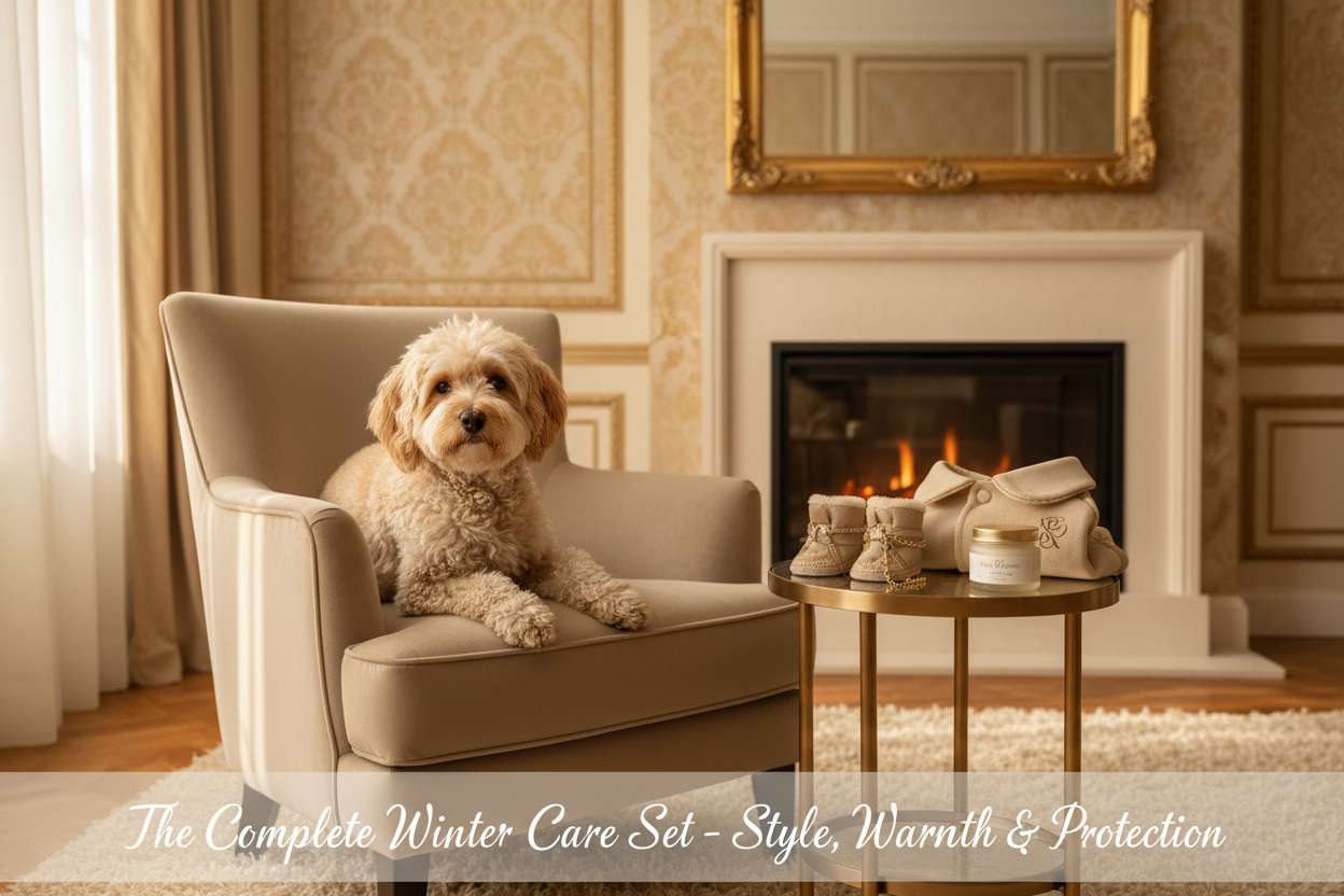 AI Image Prompt:
“A cozy indoor luxury scene showing a small dog sitting near a fireplace or modern living room with Paw Élégance boots, coat, and balm displayed beside it, beige and gold tones, soft natural light, elegant French interior style, Paw Élégance logo, text overlay ‘The Complete Winter Care Set – Style, Warmth & Protection,’ professional e-commerce banner aesthetic.”
💡 Tone & Style Notes:
Background: modern living room / fireplace glow
Accent: beige, gold, ivory
Feel: cozy, protective, intimate